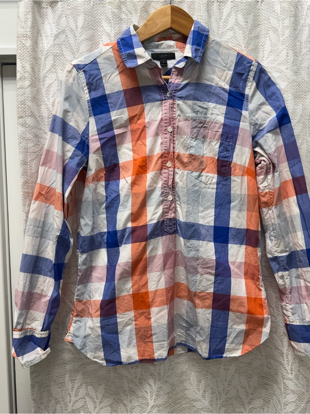 J. Crew Women’s  Plaid, Half Button-Down Shirt in Blue, Orange & White